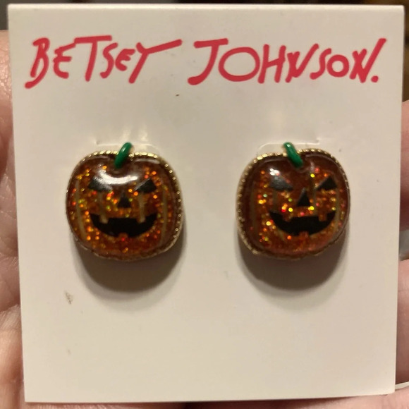 BETSEY JOHNSON Halloween Sparkly Glitter Jack O’ Lantern Pumpkin Earrings NWT - Picture 1 of 5